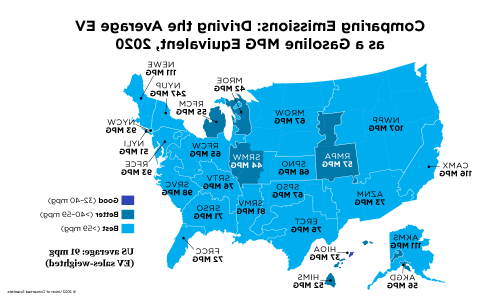 A map comparing MPGs of the average electric vehicle throughout different regions of the US